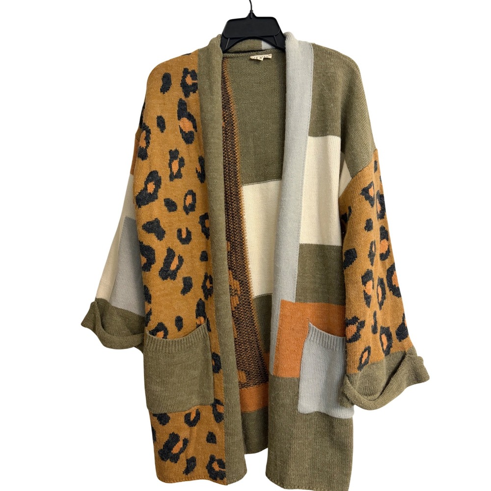 JODIFL Long Cardigan Sweater Small Green Leopard Print Colorblock Open Front